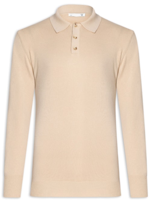 Suéter Masculino Polo Manga Longa Algodão Pima Com Cashmere - Bege