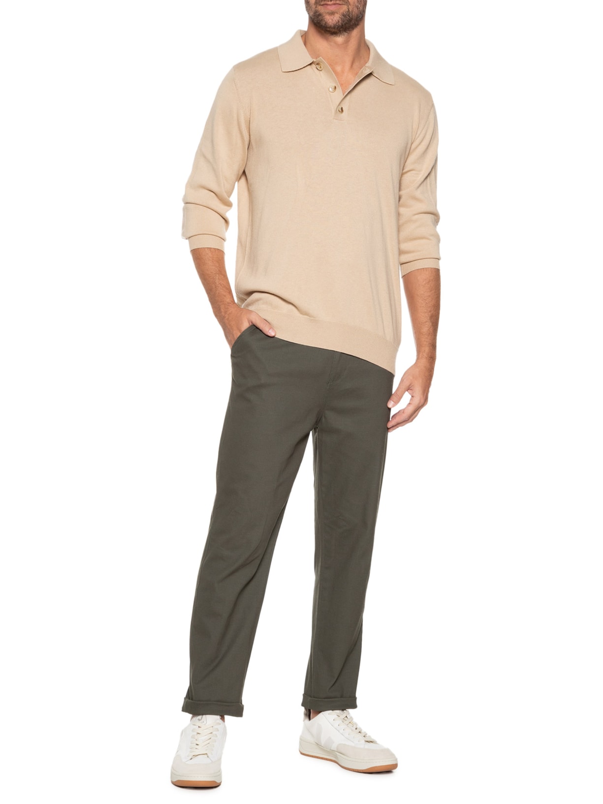 Suéter Masculino Polo Manga Longa Algodão Pima Com Cashmere Bege '2 Essential