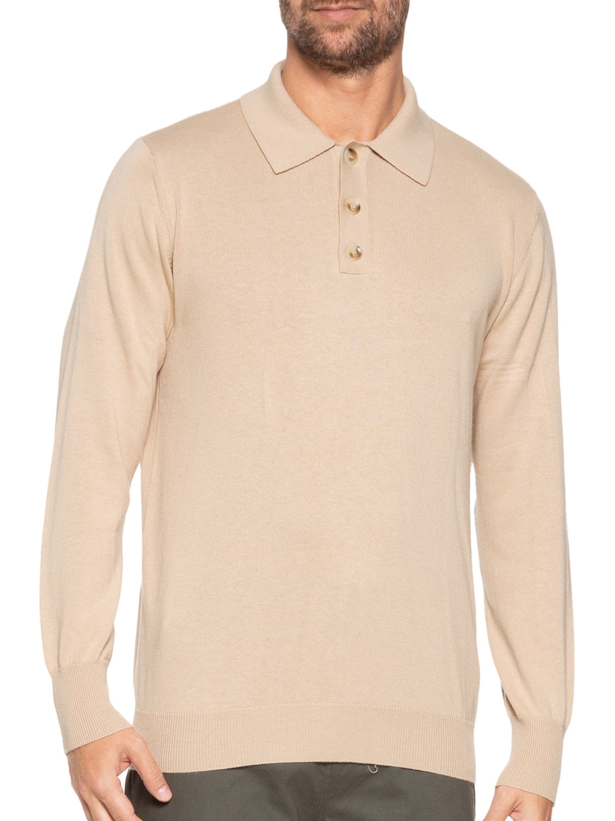Suéter Masculino Polo Manga Longa Algodão Pima Com Cashmere Bege '2 Essential