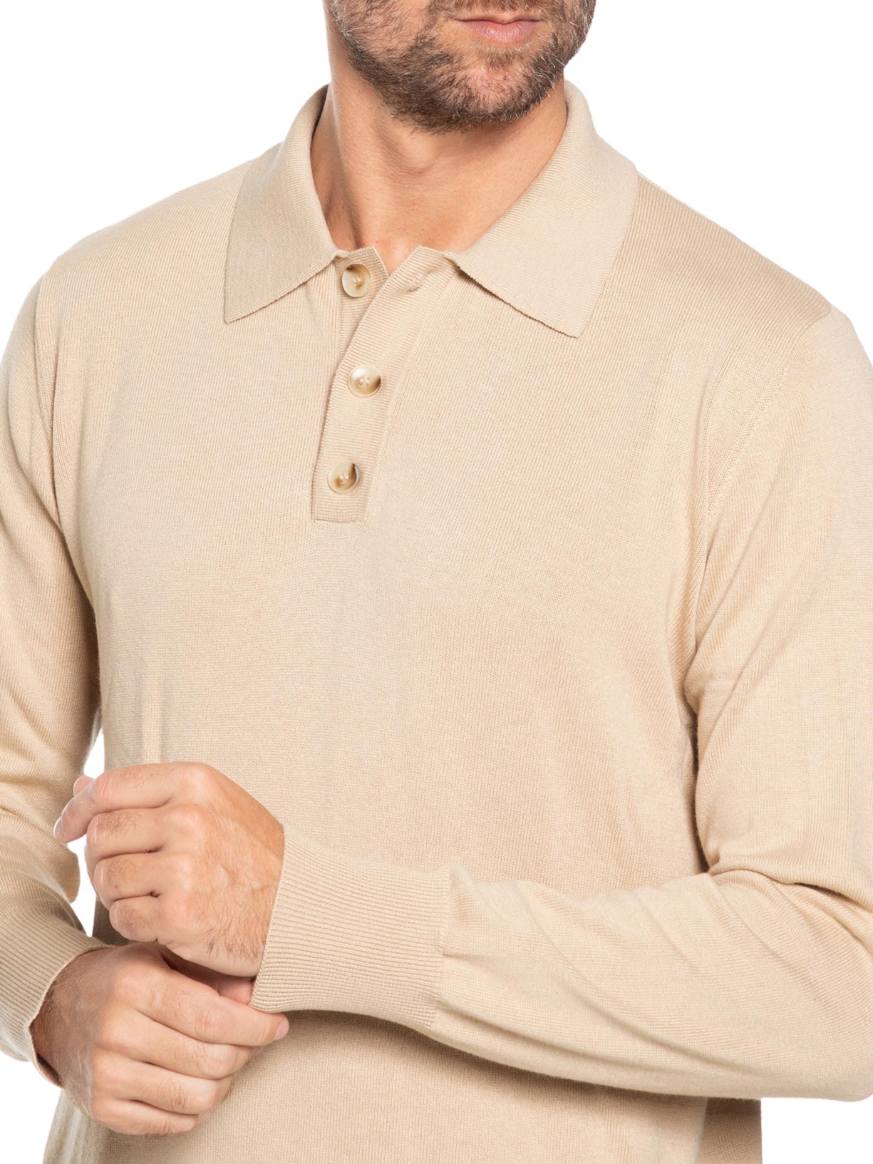 Suéter Masculino Polo Manga Longa Algodão Pima Com Cashmere Bege '2 Essential