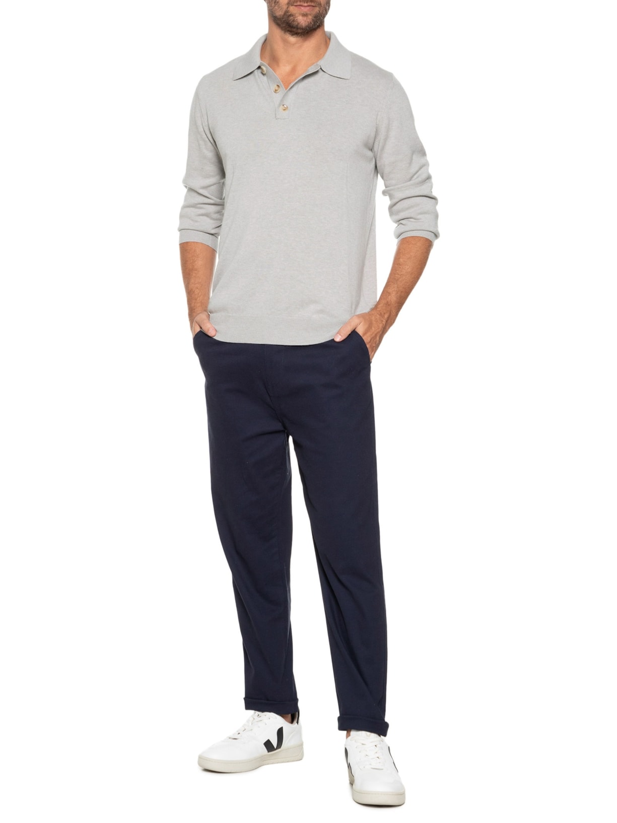 Suéter Masculino Polo Manga Longa Algodão Pima Com Cashmere Cinza '2 Essential