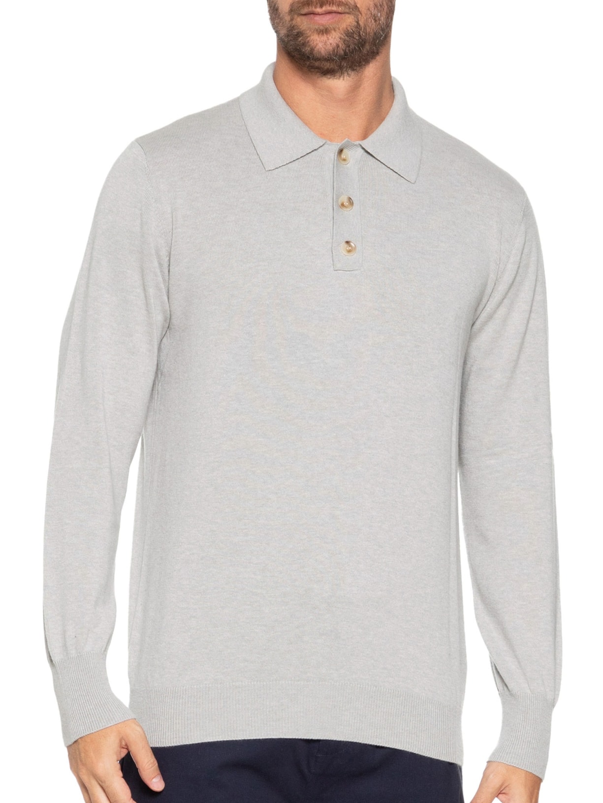 Suéter Masculino Polo Manga Longa Algodão Pima Com Cashmere Cinza '2 Essential