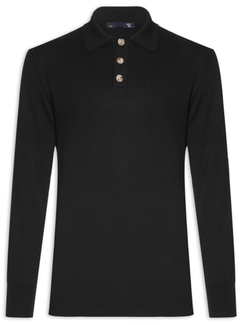 Suéter Masculino Polo Manga Longa Algodão Pima com Cashmere - Preto