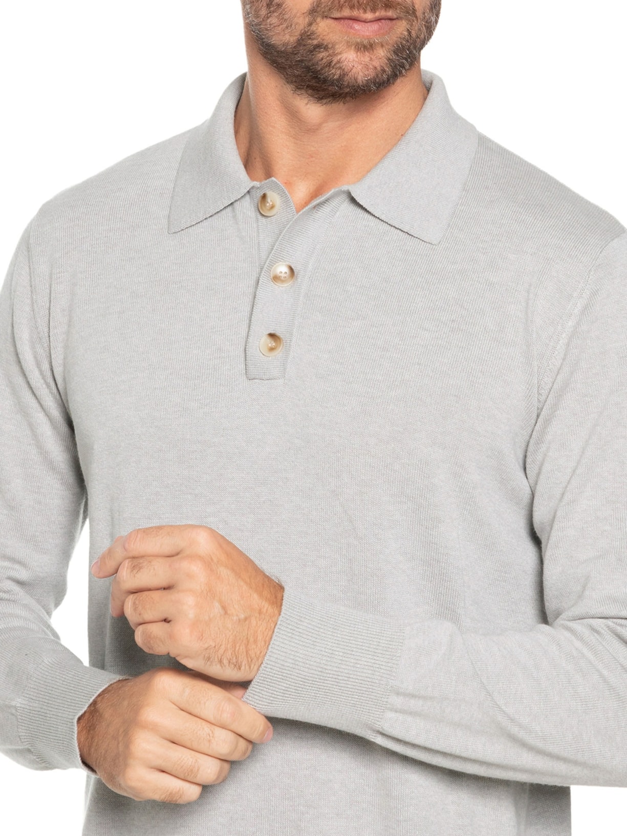 Suéter Masculino Polo Manga Longa Algodão Pima Com Cashmere – Cinza '2 Essential