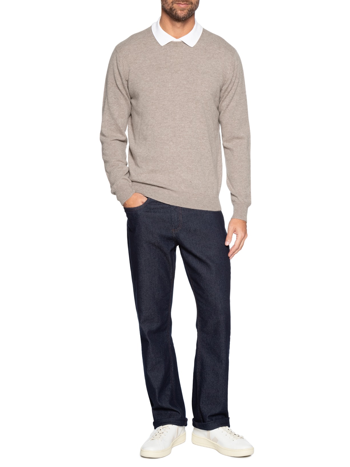 Suéter Masculino Puro Cashmere Gola Careca Bege '2 Essential