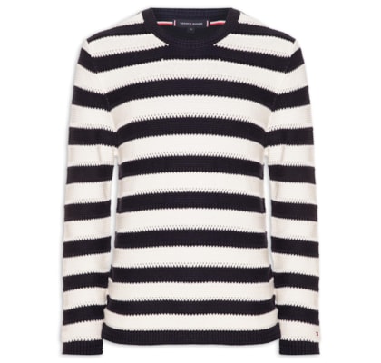Suéter Masculino Relaxed Fit Crochet Block Listrado - Azul