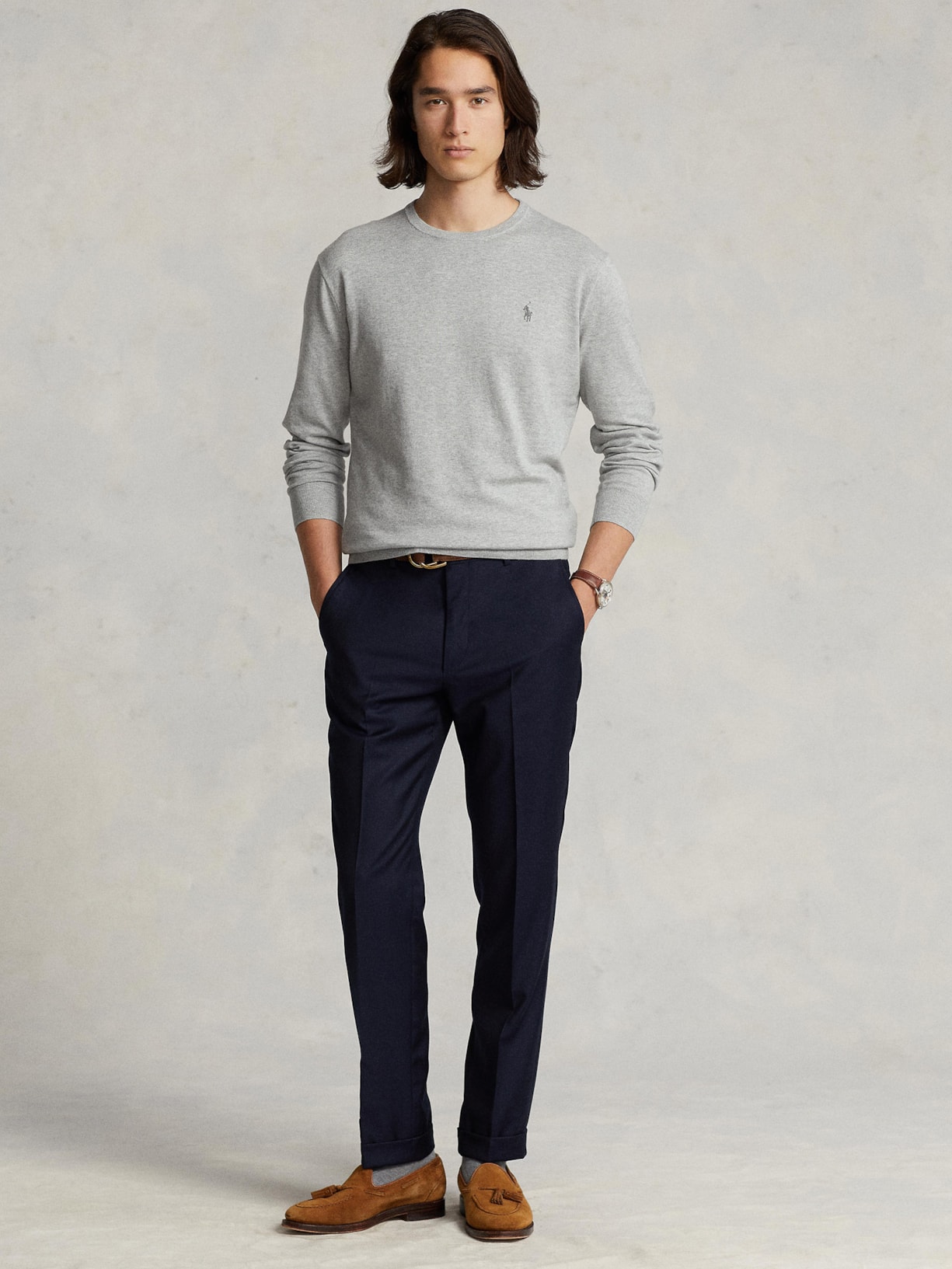 Suéter Masculino Slim Fit Crewneck Pima Cotton Cinza Polo Ralph Lauren