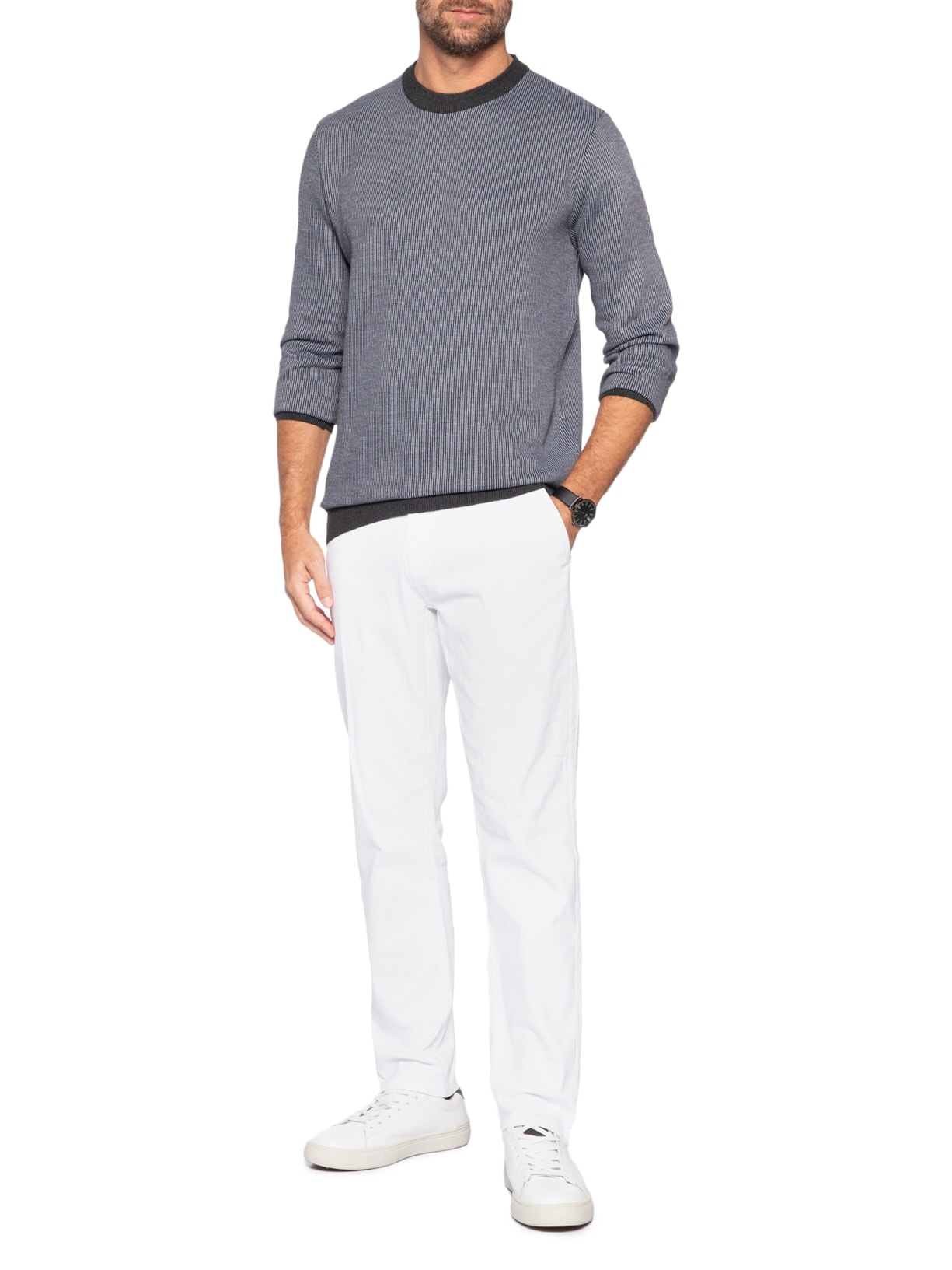 Suéter Masculino Textura Mini Listra Cinza '2 Essential
