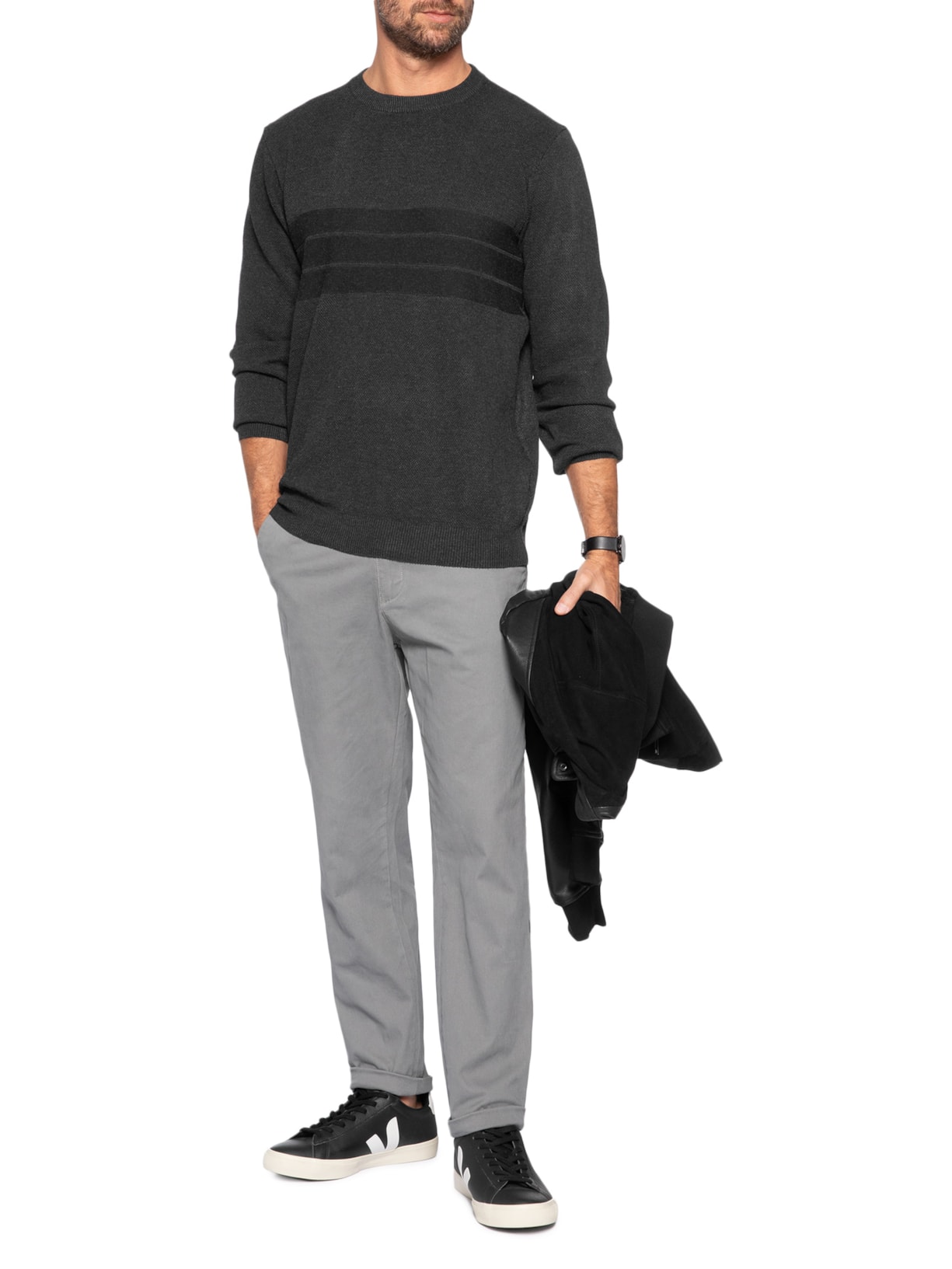 Suéter Masculino Textura Piquet Listra Horizontal Preto '2 Essential