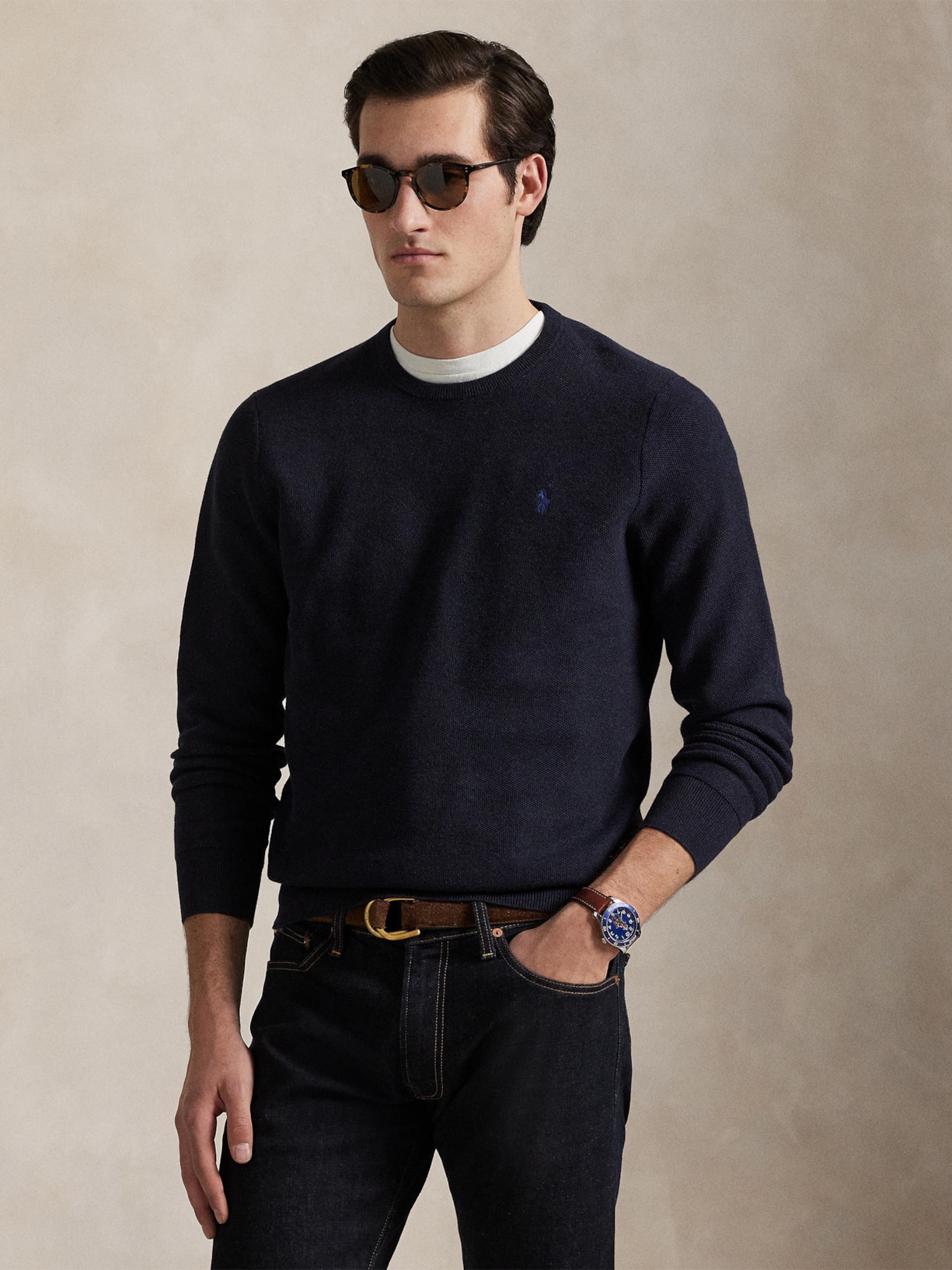 Suéter Masculino Textured Crewneck Polo Pony Cotton Azul Polo Ralph Lauren