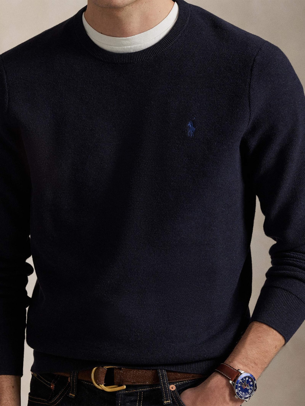 Suéter Masculino Textured Crewneck Polo Pony Cotton Azul Polo Ralph Lauren