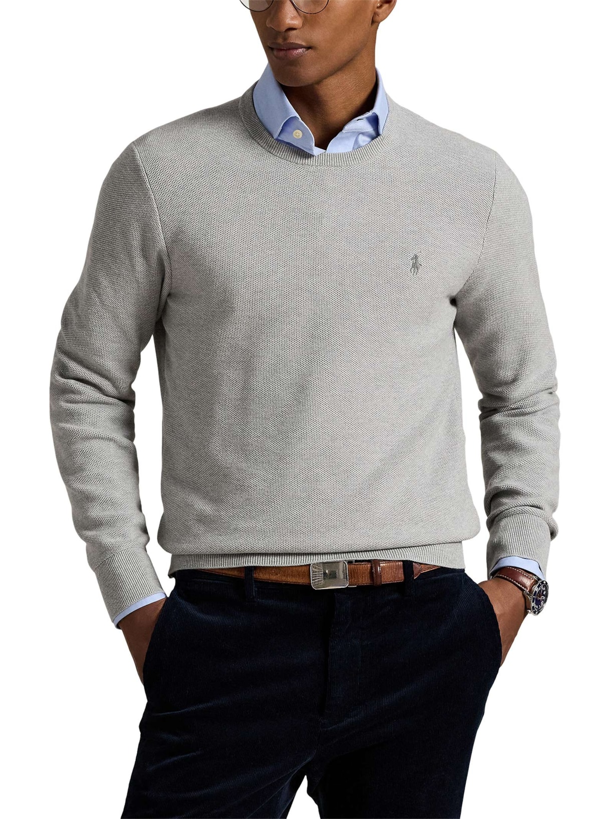 Suéter Masculino Textured Crewneck Polo Pony Cotton Cinza Polo Ralph Lauren