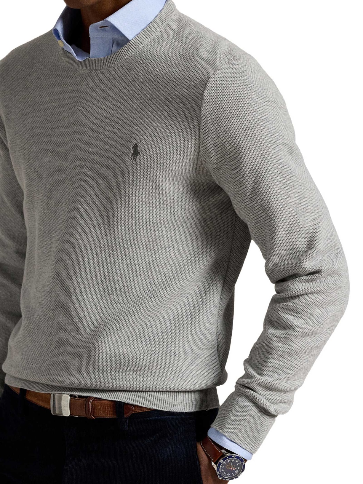 Suéter Masculino Textured Crewneck Polo Pony Cotton Cinza Polo Ralph Lauren