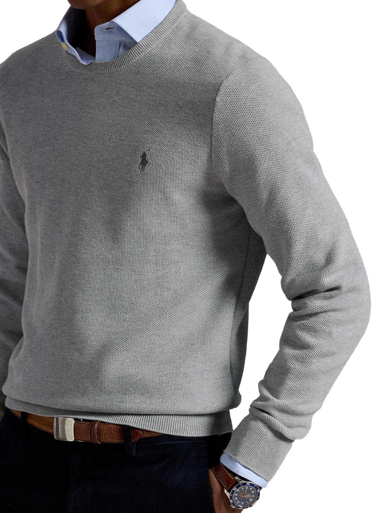 Suéter Masculino Textured Crewneck Polo Pony Cotton Cinza Polo Ralph Lauren
