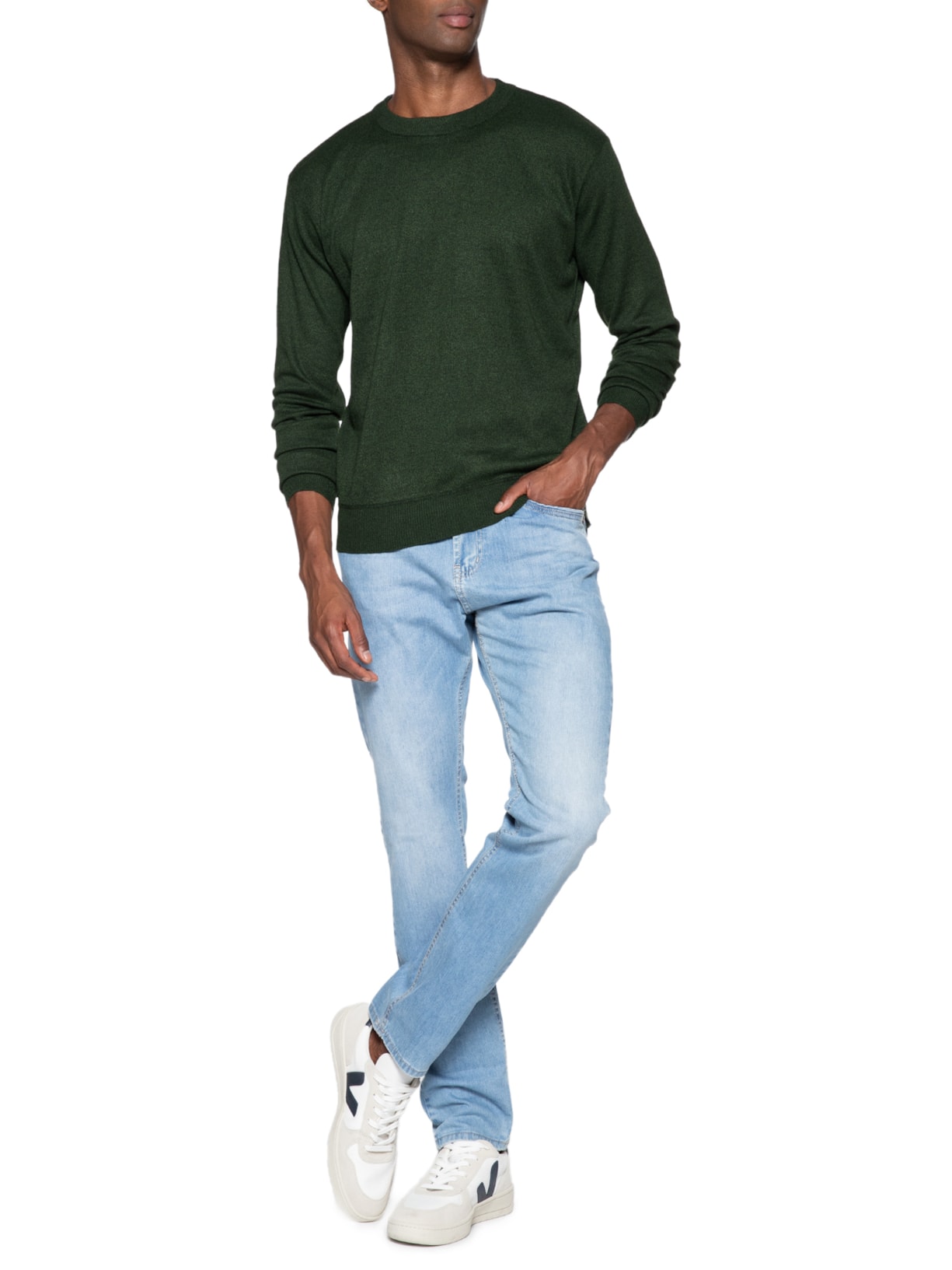 Suéter Masculino Tricot Básico Gola Careca Verde '2 Essential