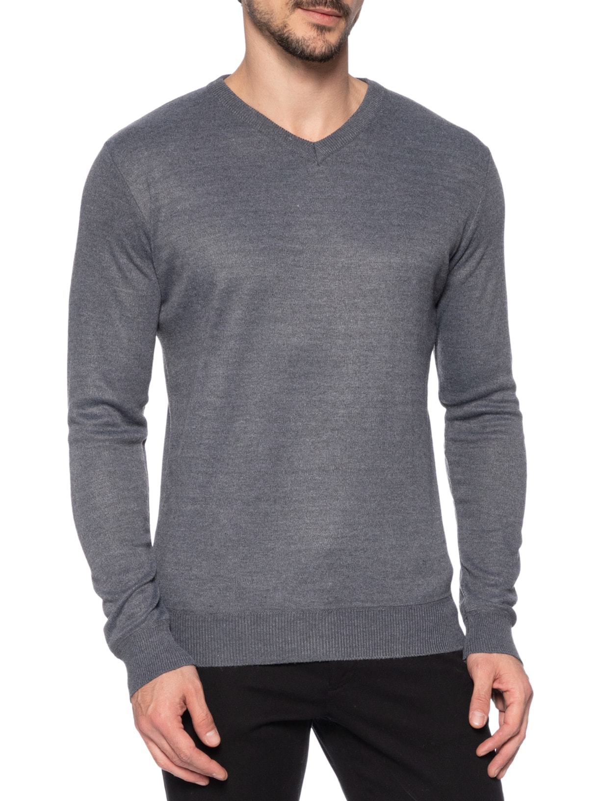 Suéter Masculino Tricot Básico Gola V Cinza '2 Essential
