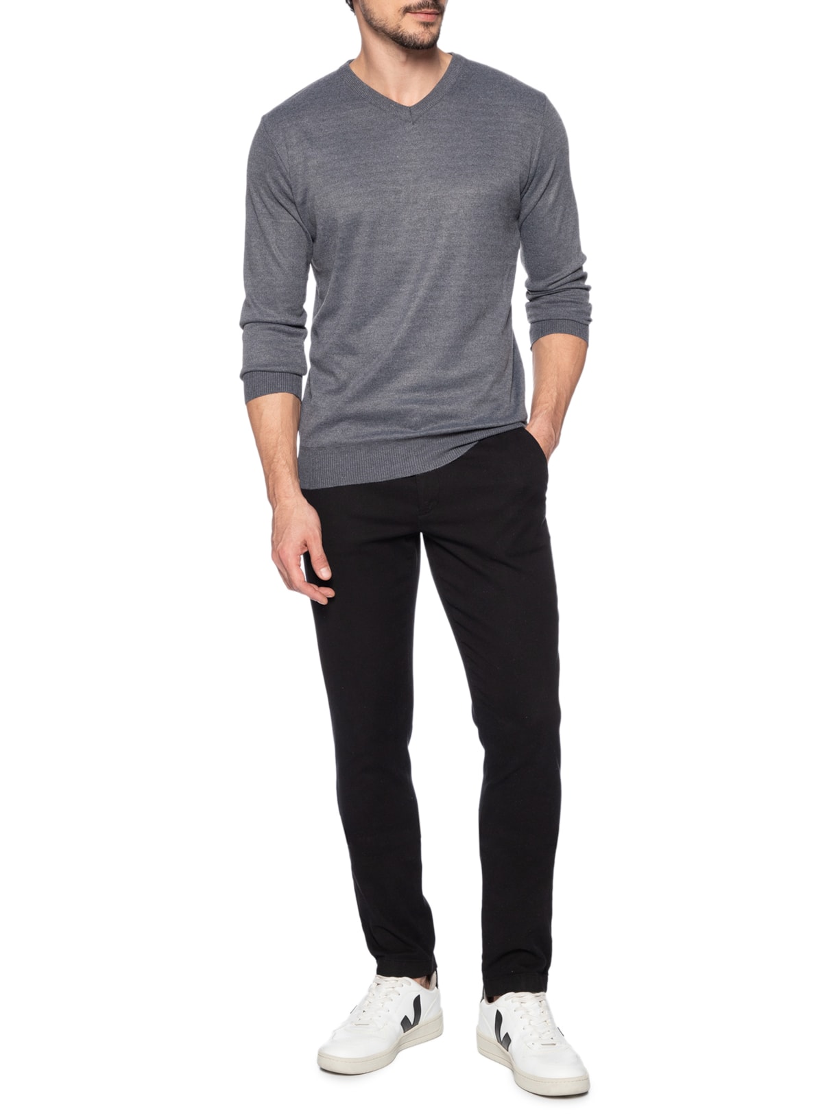 Suéter Masculino Tricot Básico Gola V Cinza '2 Essential