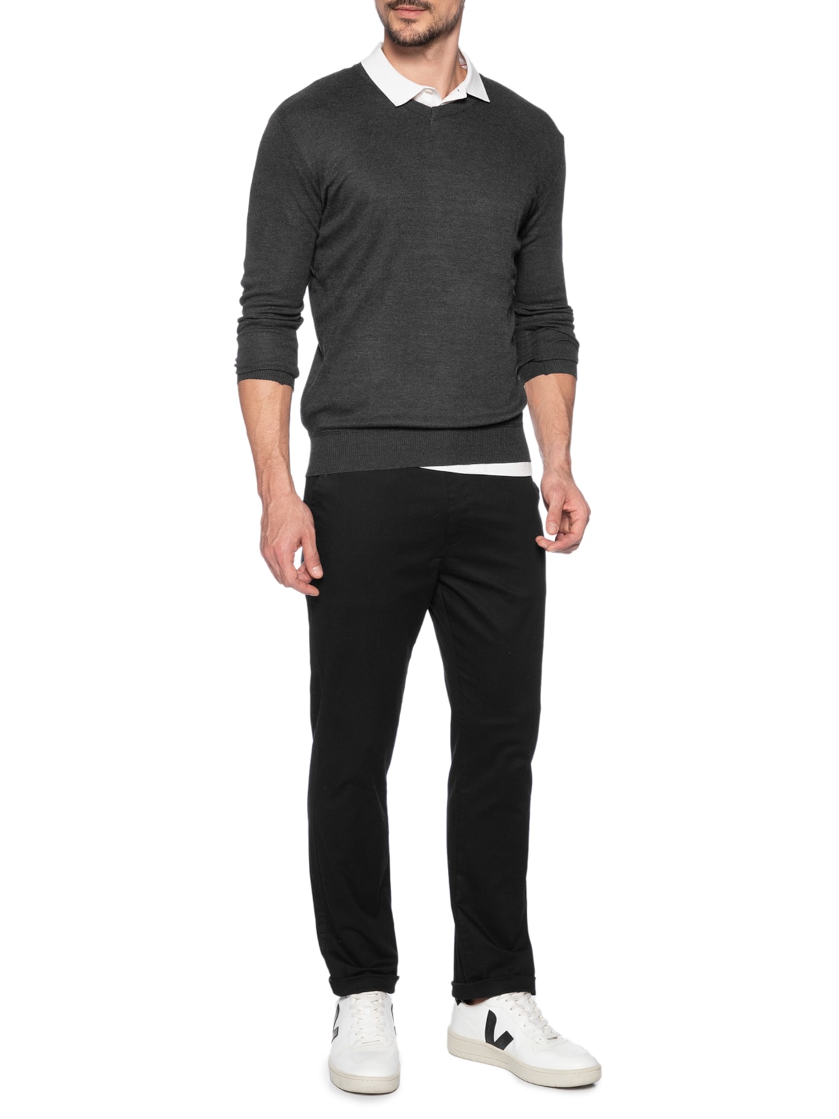  Suéter Masculino Tricot Básico Gola V Preto '2 Essential