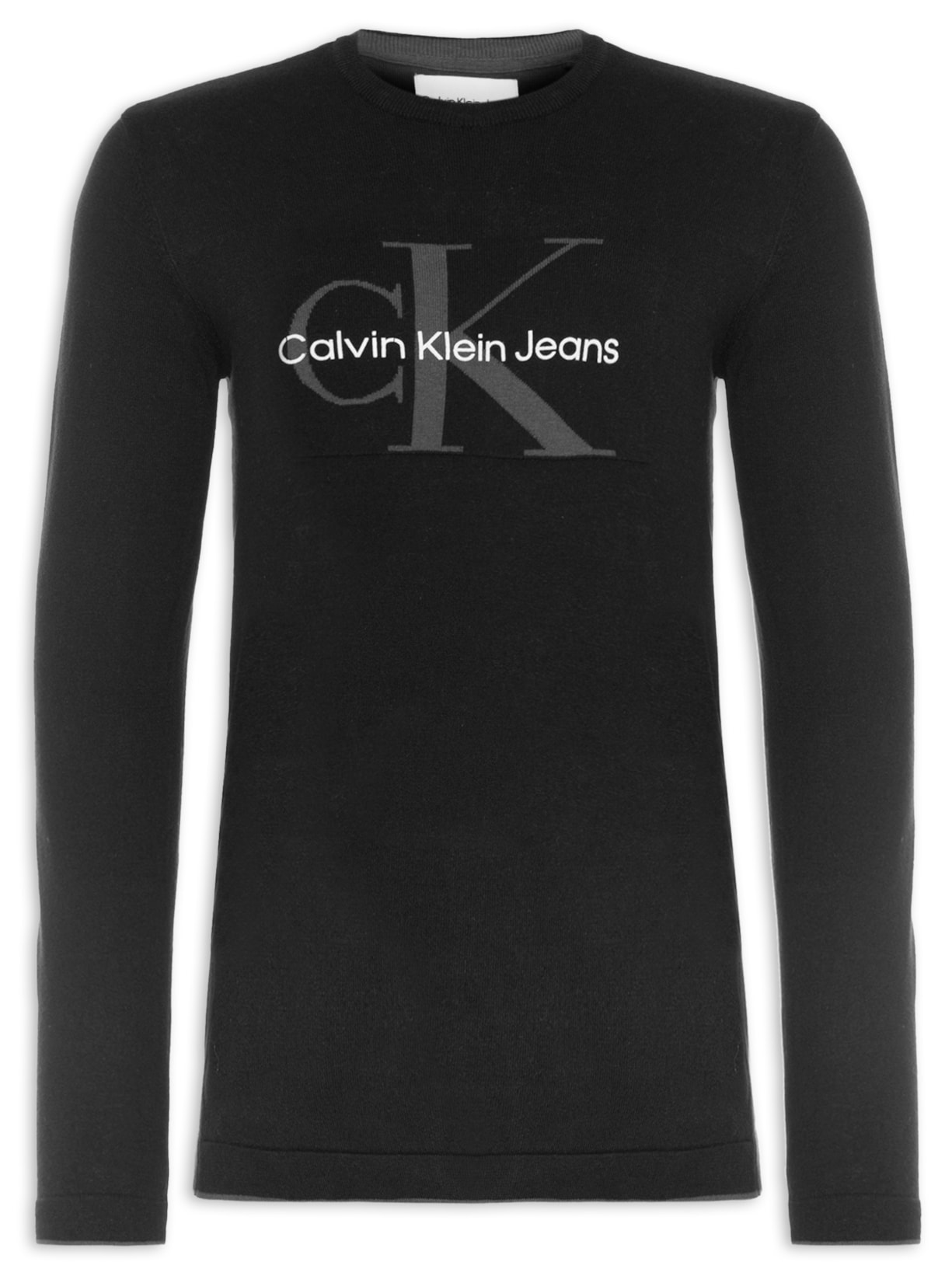 Suéter Masculino Tricot Gola Careca Com Reissue No Centro - Preto