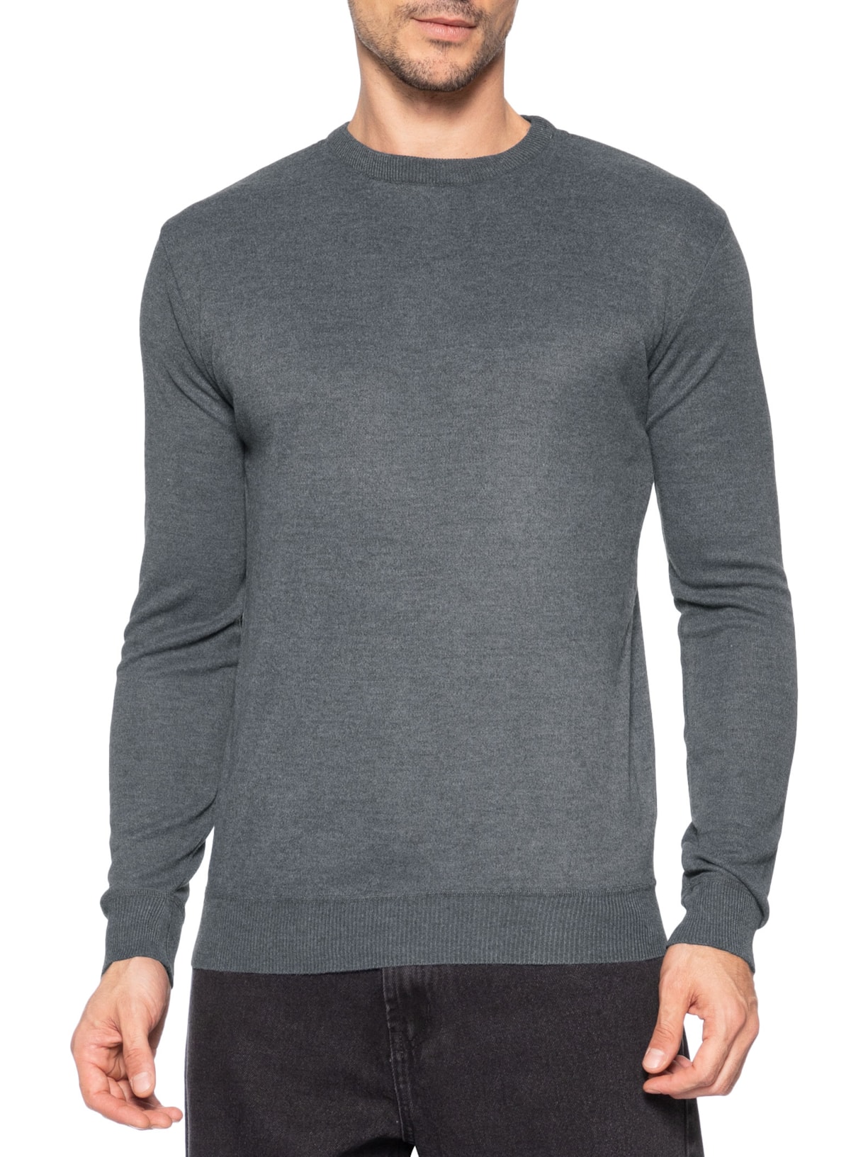 Suéter Masculino Tricot Gola Redonda Básico Cinza Basiq Men