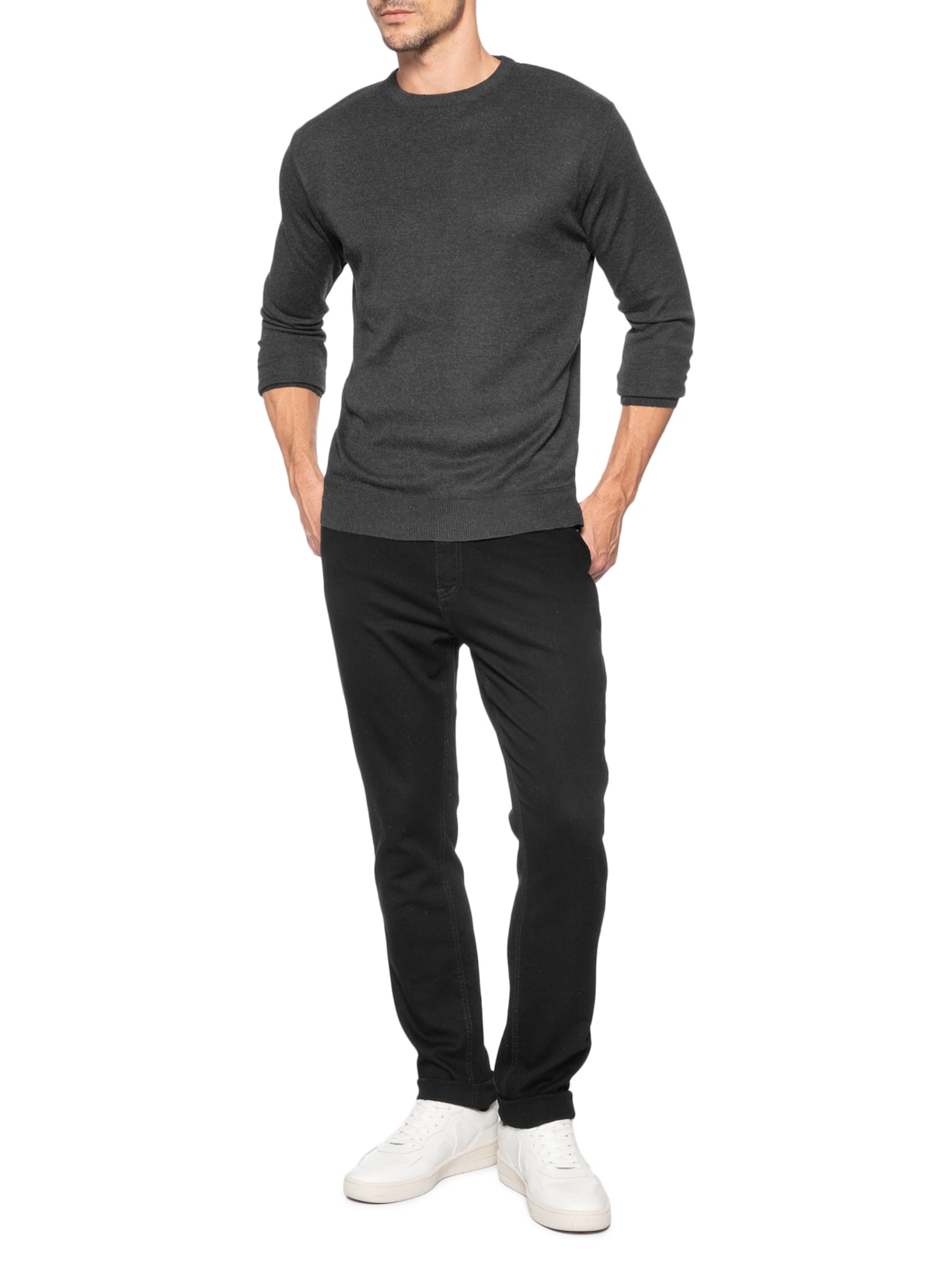 Suéter Masculino Tricot Gola Redonda Básico Preto Basiq Men
