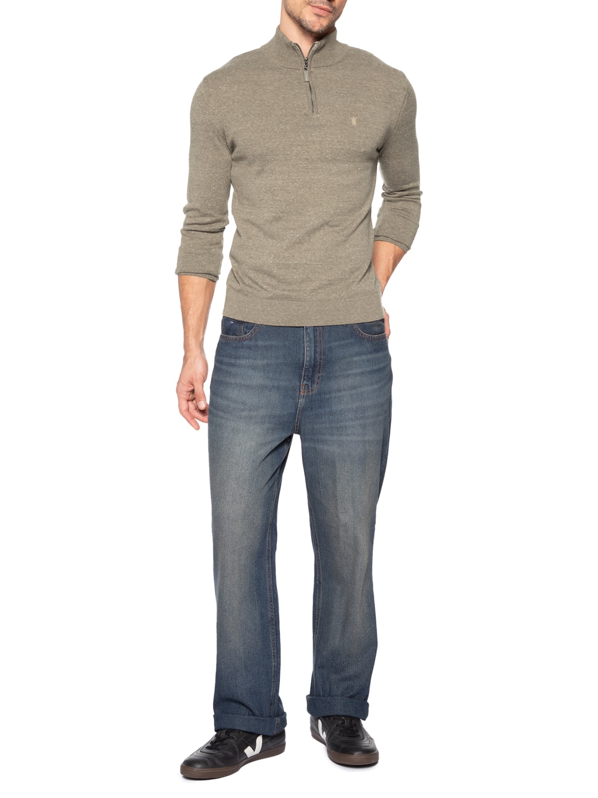 Suéter Masculino Tricot Liso Meio Zíper Marrom Sergio K