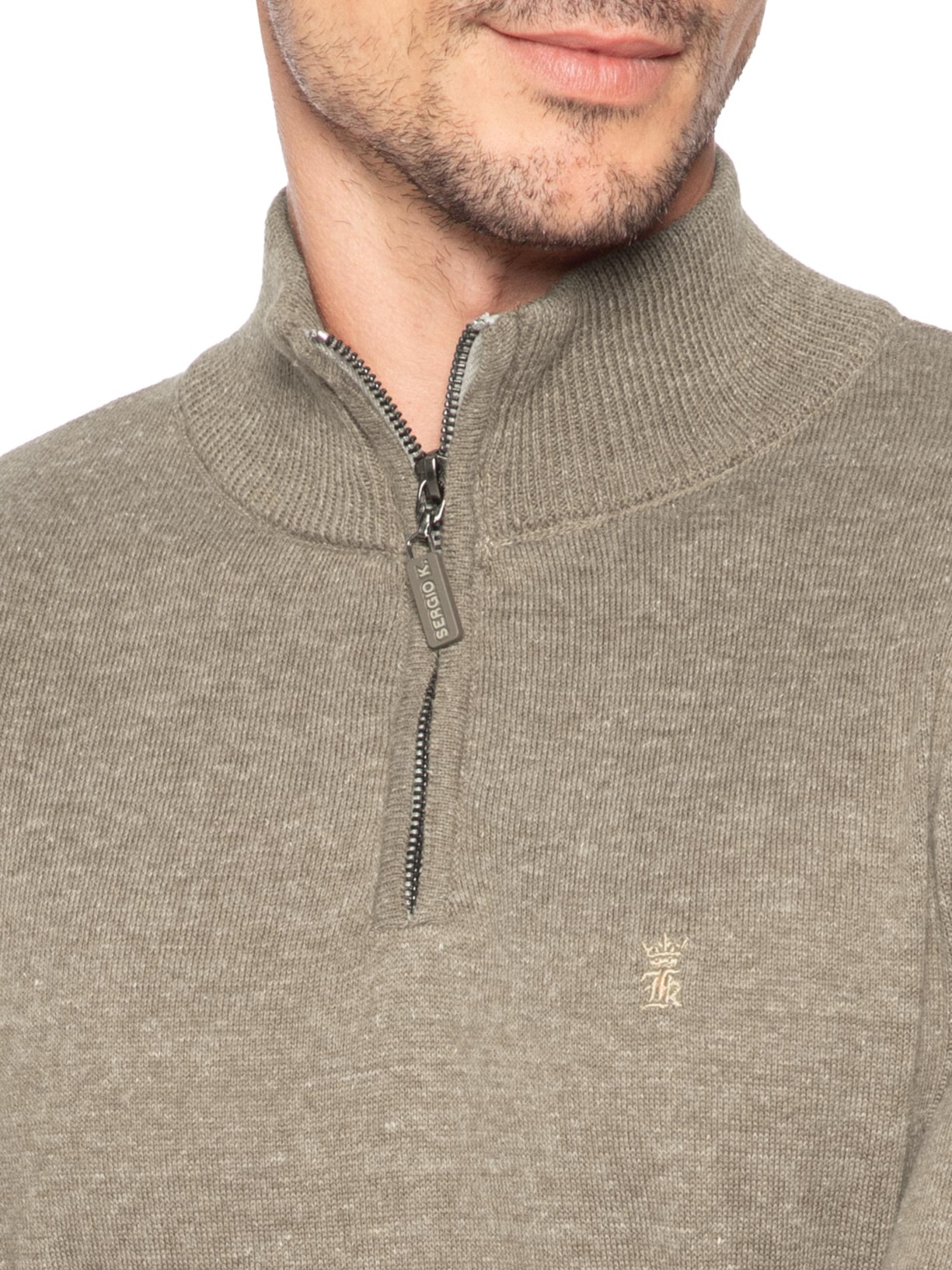 Suéter Masculino Tricot Liso Meio Zíper Marrom Sergio K