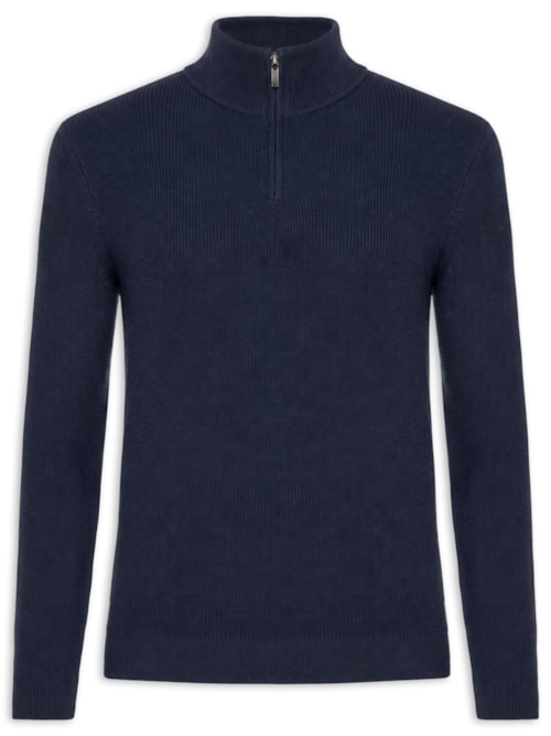 Suéter Masculino Tricot Meio Zíper Texturizado - Azul