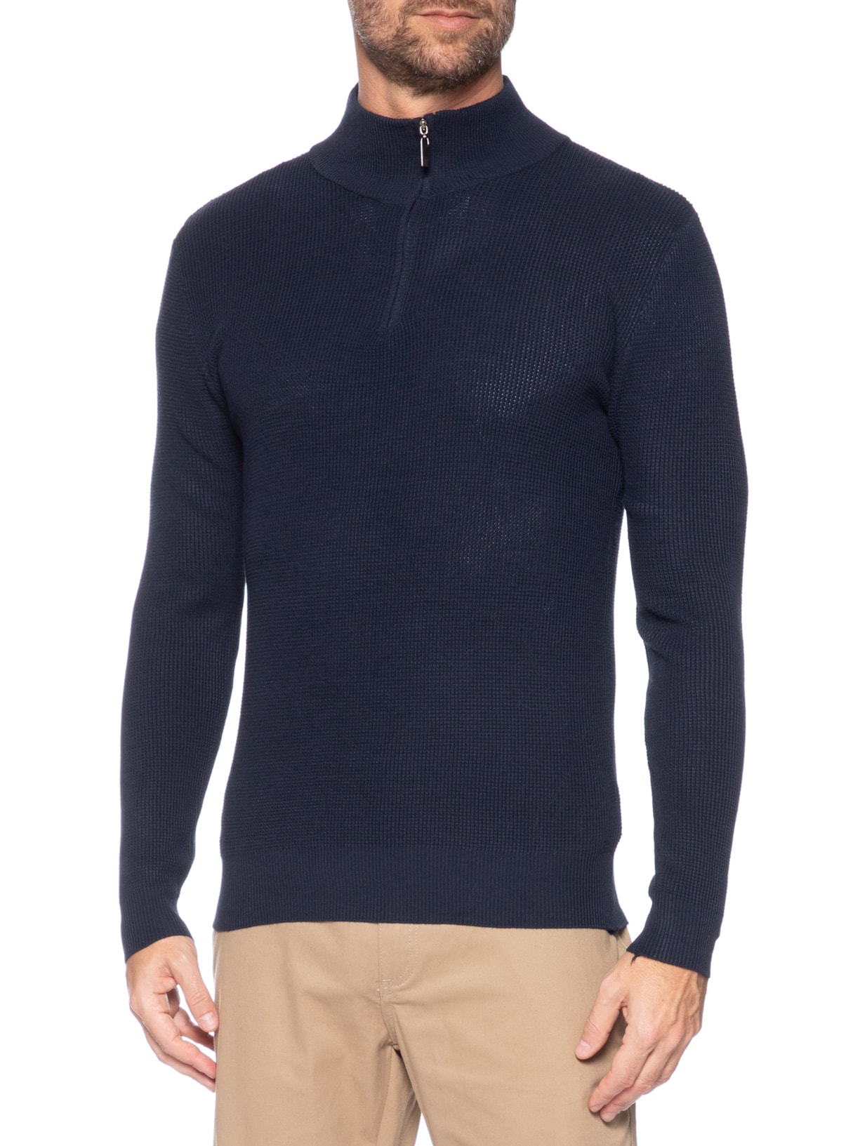 Suéter Masculino Tricot Meio Zíper Texturizado Azul Basiq Men