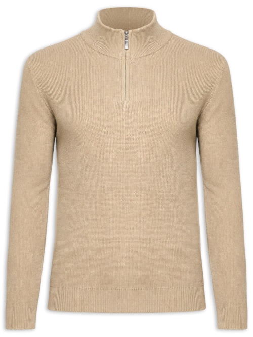 Suéter Masculino Tricot Meio Zíper Texturizado - Bege