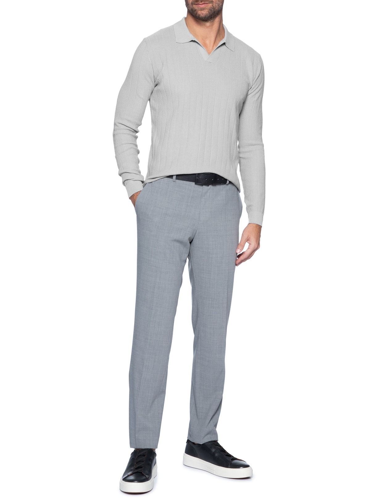 Suéter Masculino Tricot Polo Com Textura Cinza '2 Essential