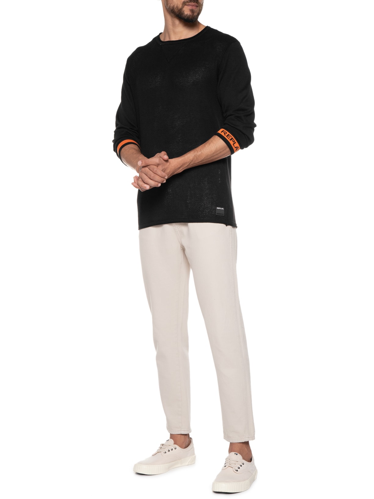 Suéter Masculino Tricot Replay Faixa Na Manga Preto Replay