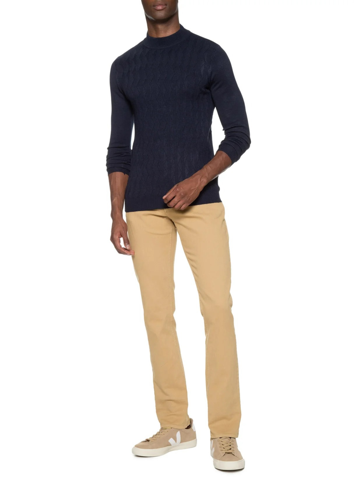 Suéter Masculino Tricot Textura Gola Alta Azul '2 Essential