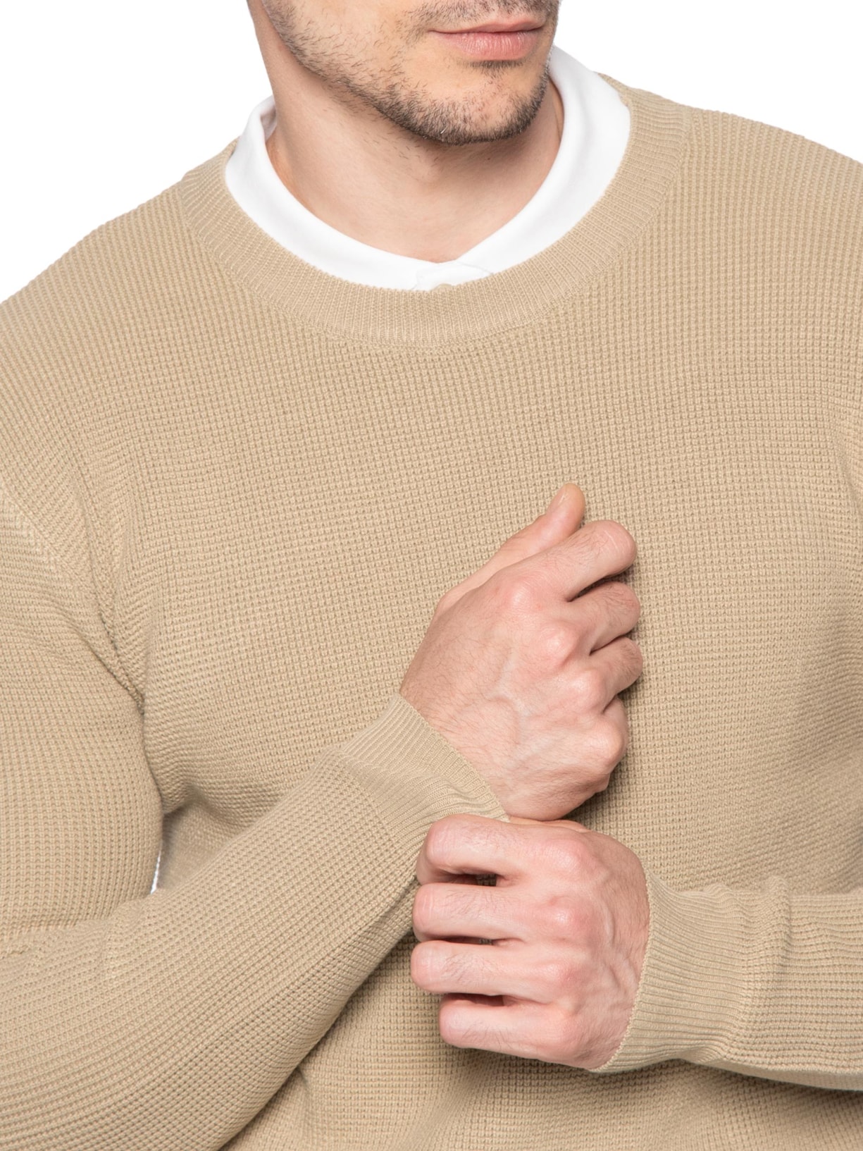 Suéter Masculino Tricot Texturizado Gola Redonda Bege Basiq Men