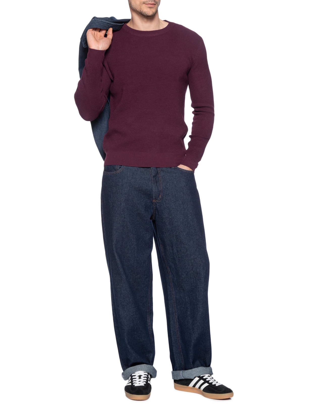 Suéter Masculino Tricot Texturizado Gola Redonda Vinho Basiq Men