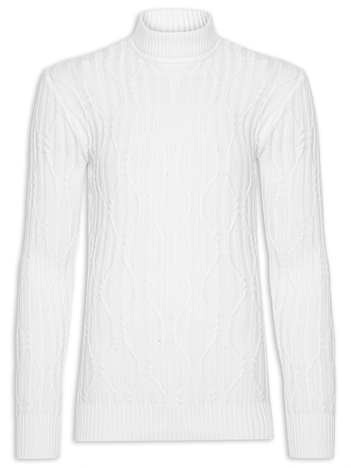 Suéter Masculino Tricot Trançado Gola Alta - Branco