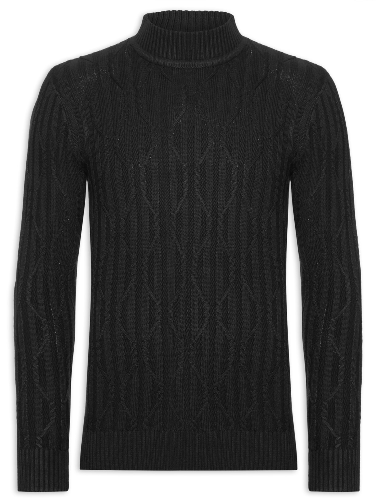 Suéter Masculino Tricot Trançado Gola Alta - Preto