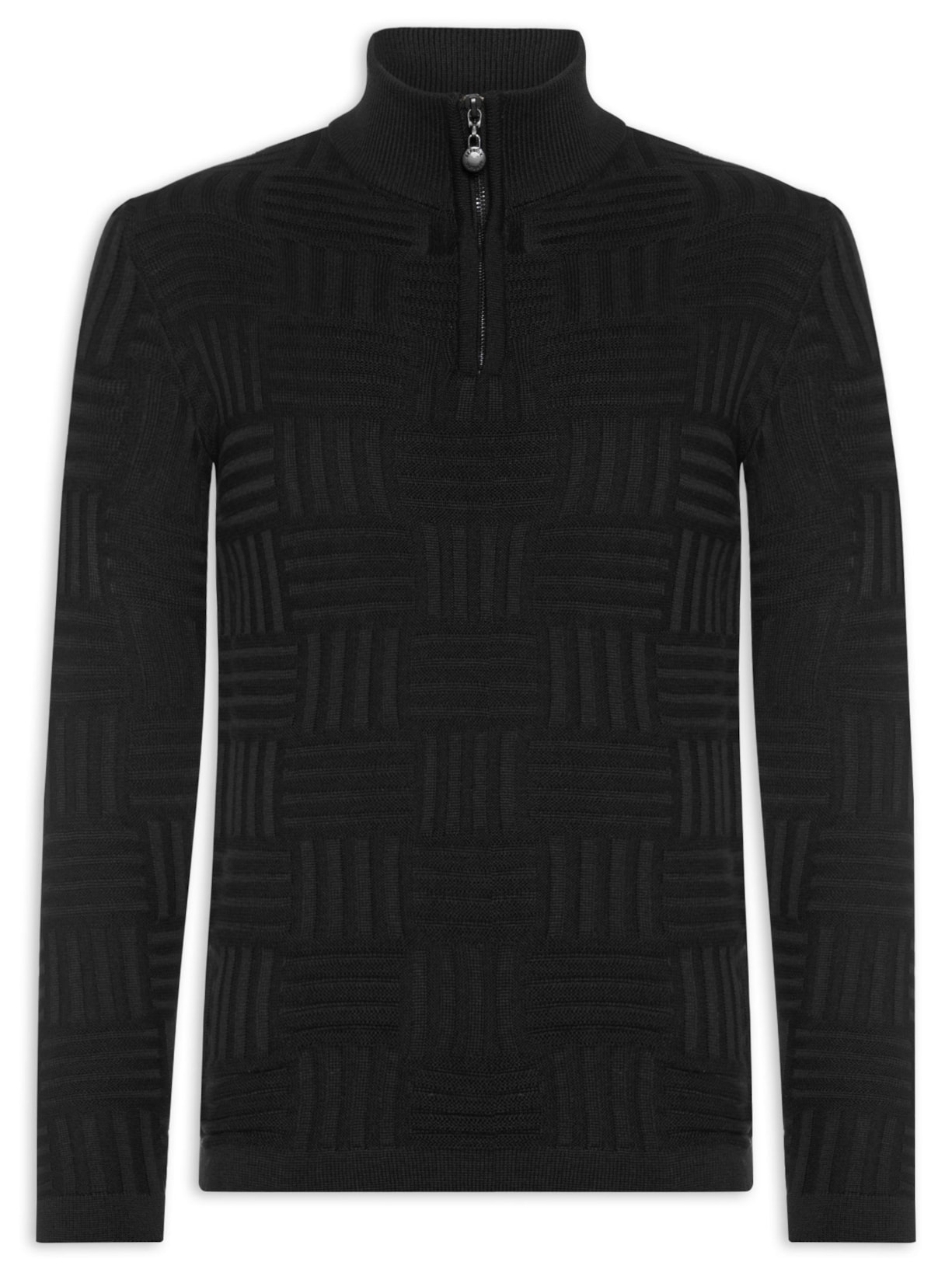 Suéter Masculino Tricot Tresse Meio Zíper - Preto