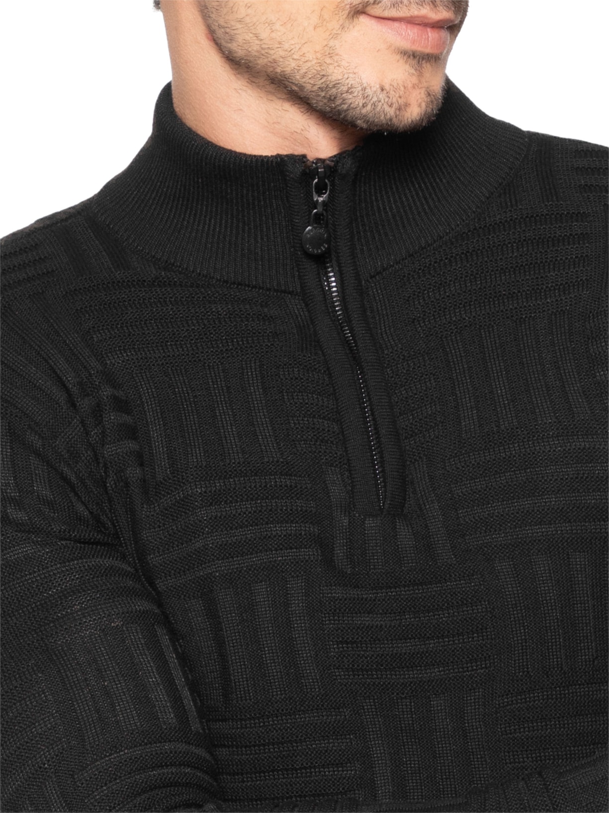 Suéter Masculino Tricot Tresse Meio Zíper Preto Sergio K