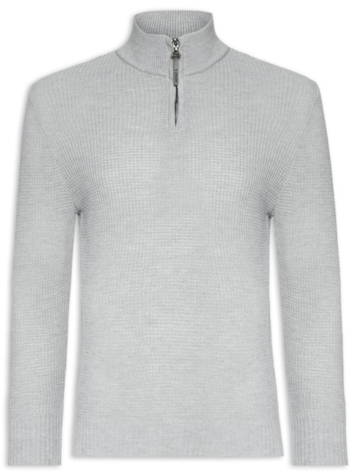 Suéter Masculino Tricot Waffle Meio Zíper - Cinza