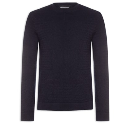 Suéter Masculino Virgin Wool All-Over Jacquard Lettering - Azul