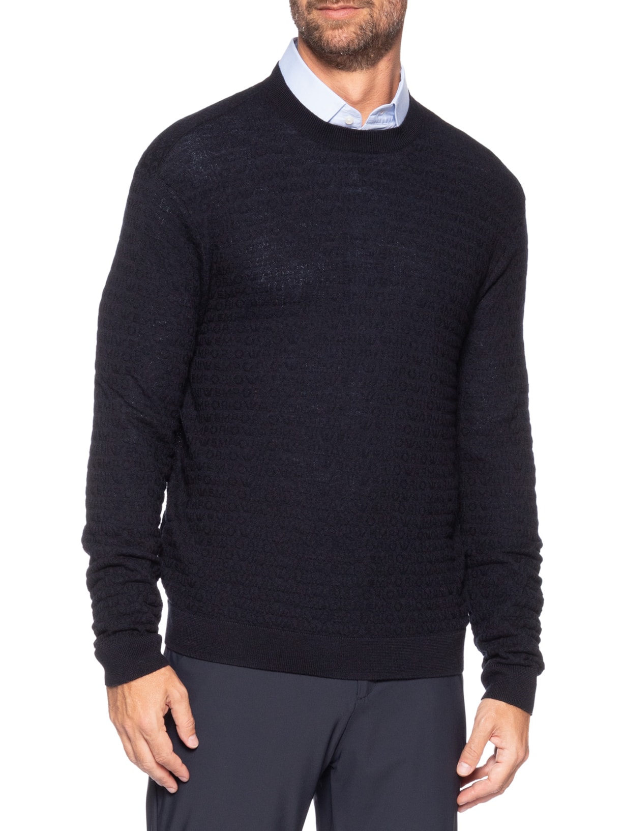 Suéter Masculino Virgin Wool All-Over Jacquard Lettering Azul Emporio Armani