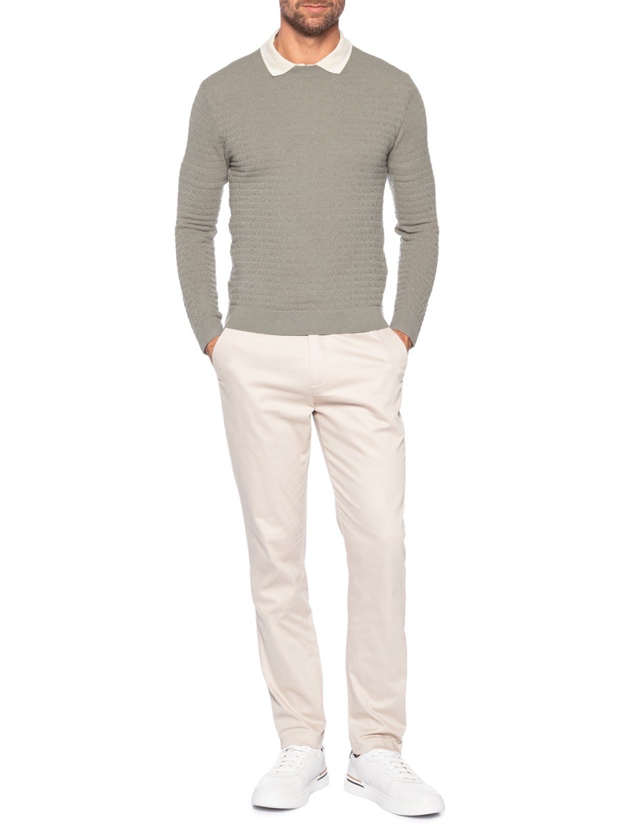 Suéter Masculino Virgin Wool All-Over Jacquard Lettering Cinza Emporio Armani