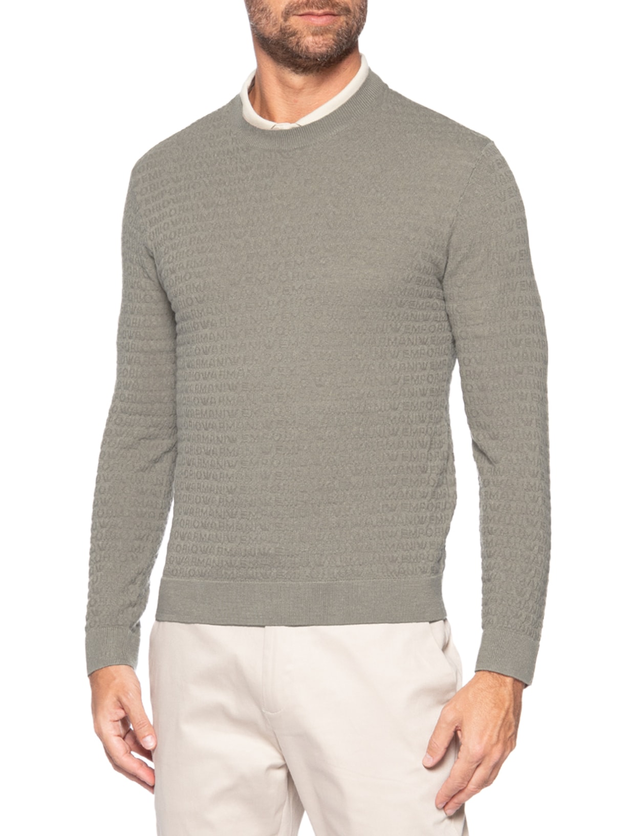 Suéter Masculino Virgin Wool All-Over Jacquard Lettering Cinza Emporio Armani
