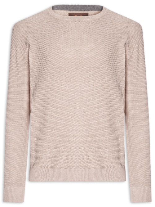 Suéter Mascullino Em Tricot Gola Careca Com Textura - Bege