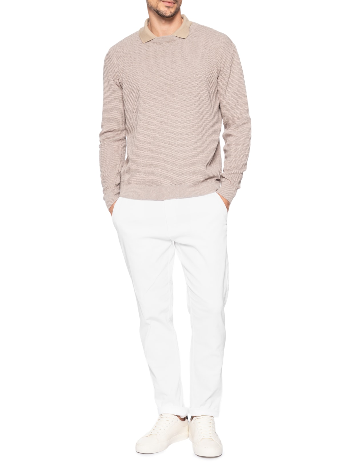 Suéter Mascullino Em Tricot Gola Careca Com Textura Bege Zapalla