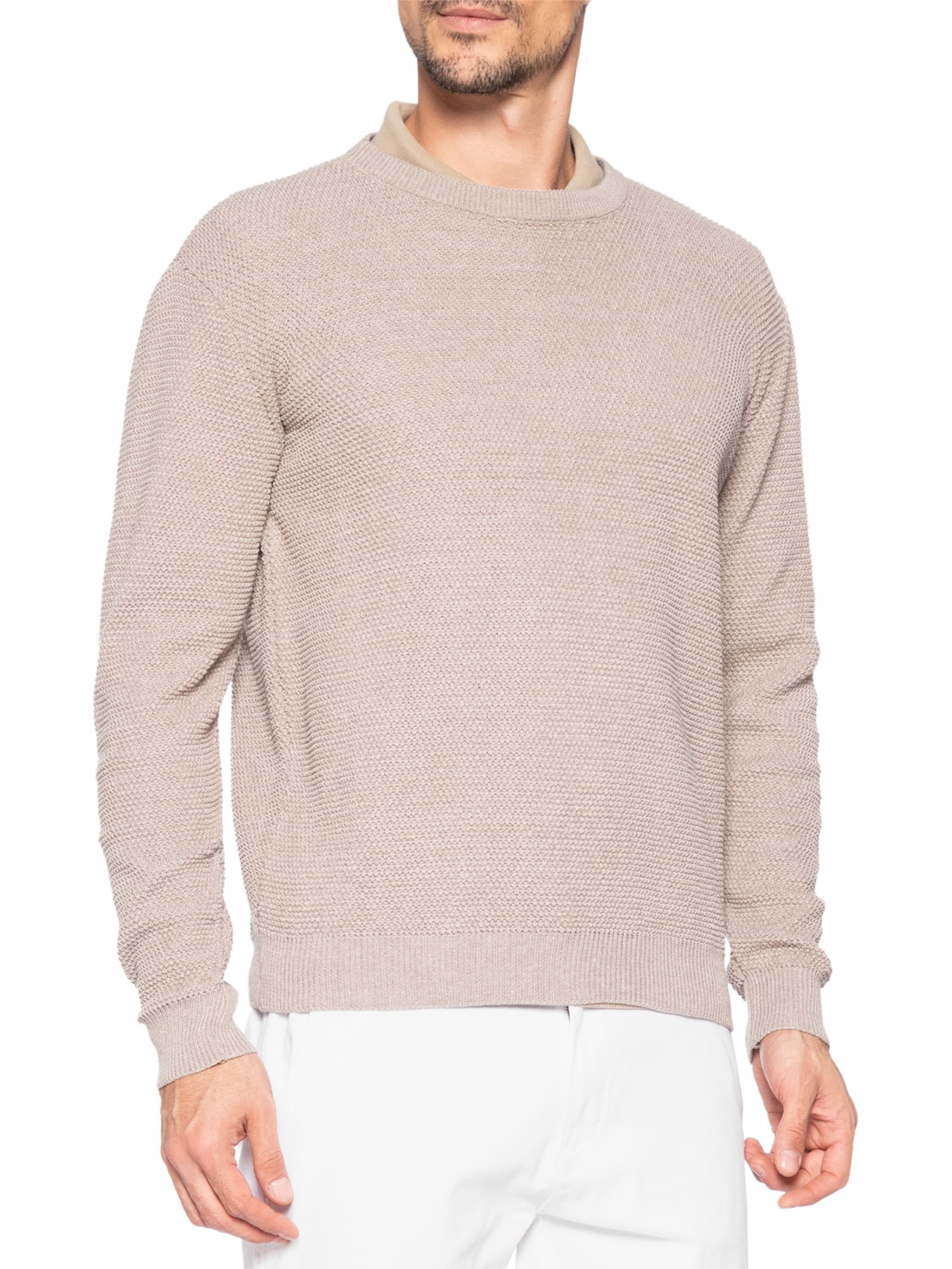 Suéter Mascullino Em Tricot Gola Careca Com Textura Bege Zapalla