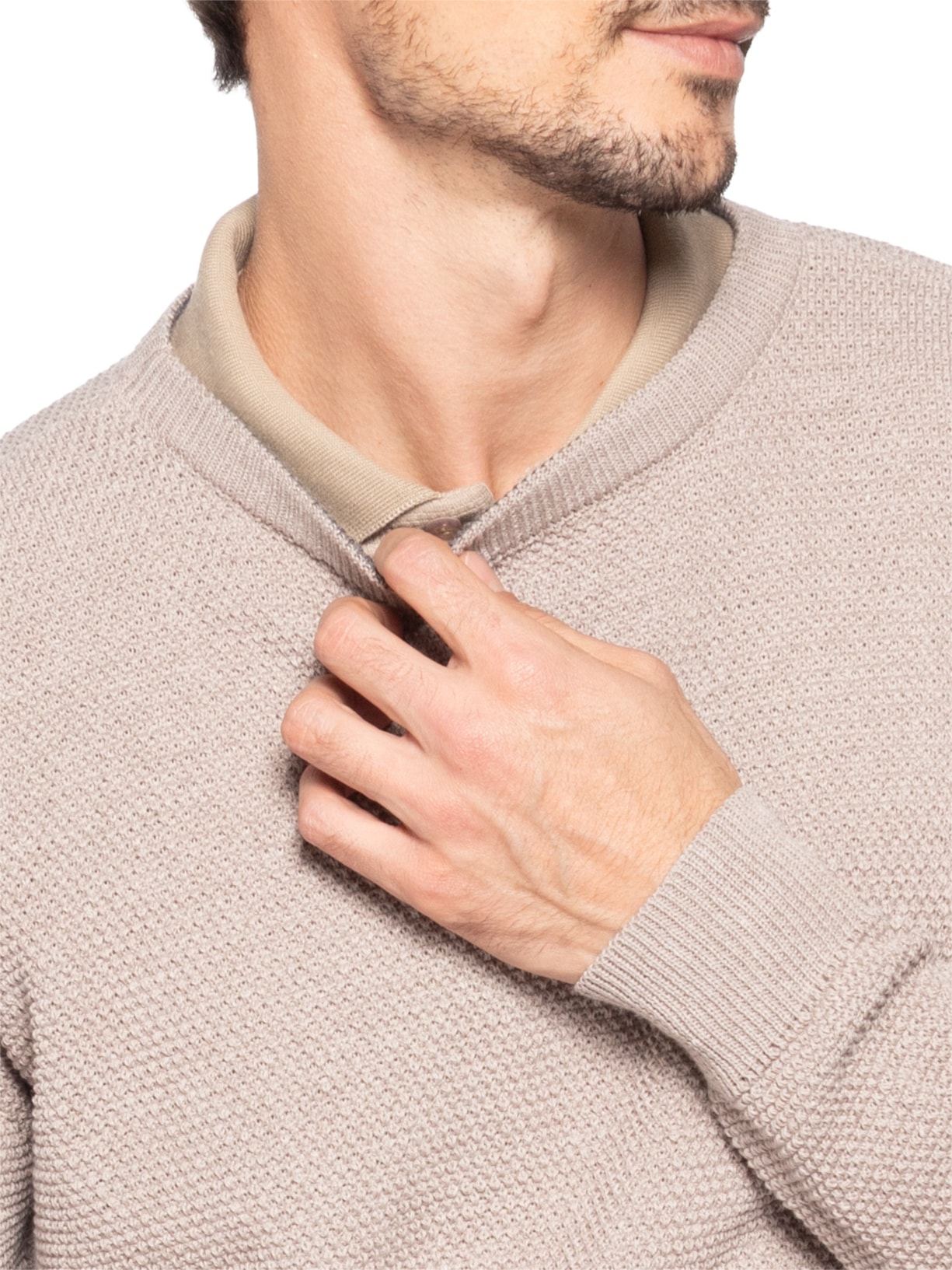 Suéter Mascullino Em Tricot Gola Careca Com Textura Bege Zapalla