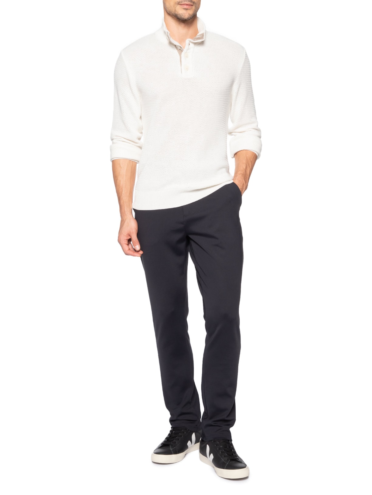 Suéter Tricot Camurça Meio Botão Branco Sergio K