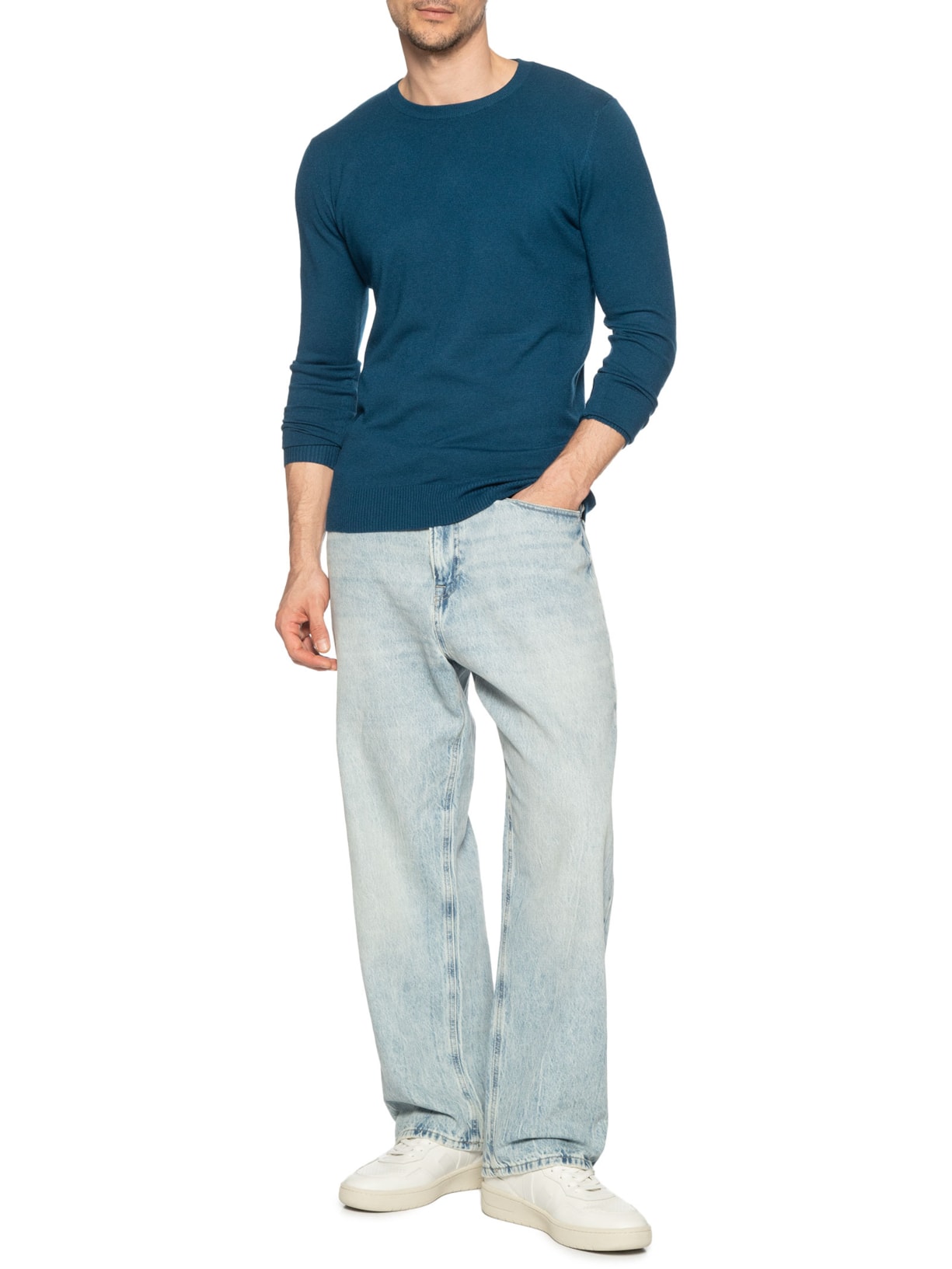 Suéter Tricot Masculino Básico Gola Redonda Azul Basiq Men